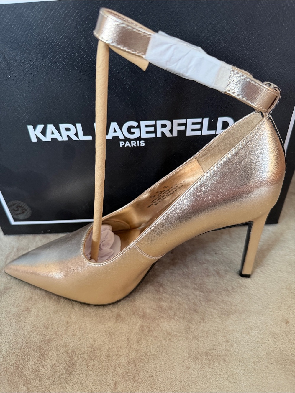 Karl Lagerfeld Sury Metallic White Gold Ankle-Strap Pointed Toe Heel